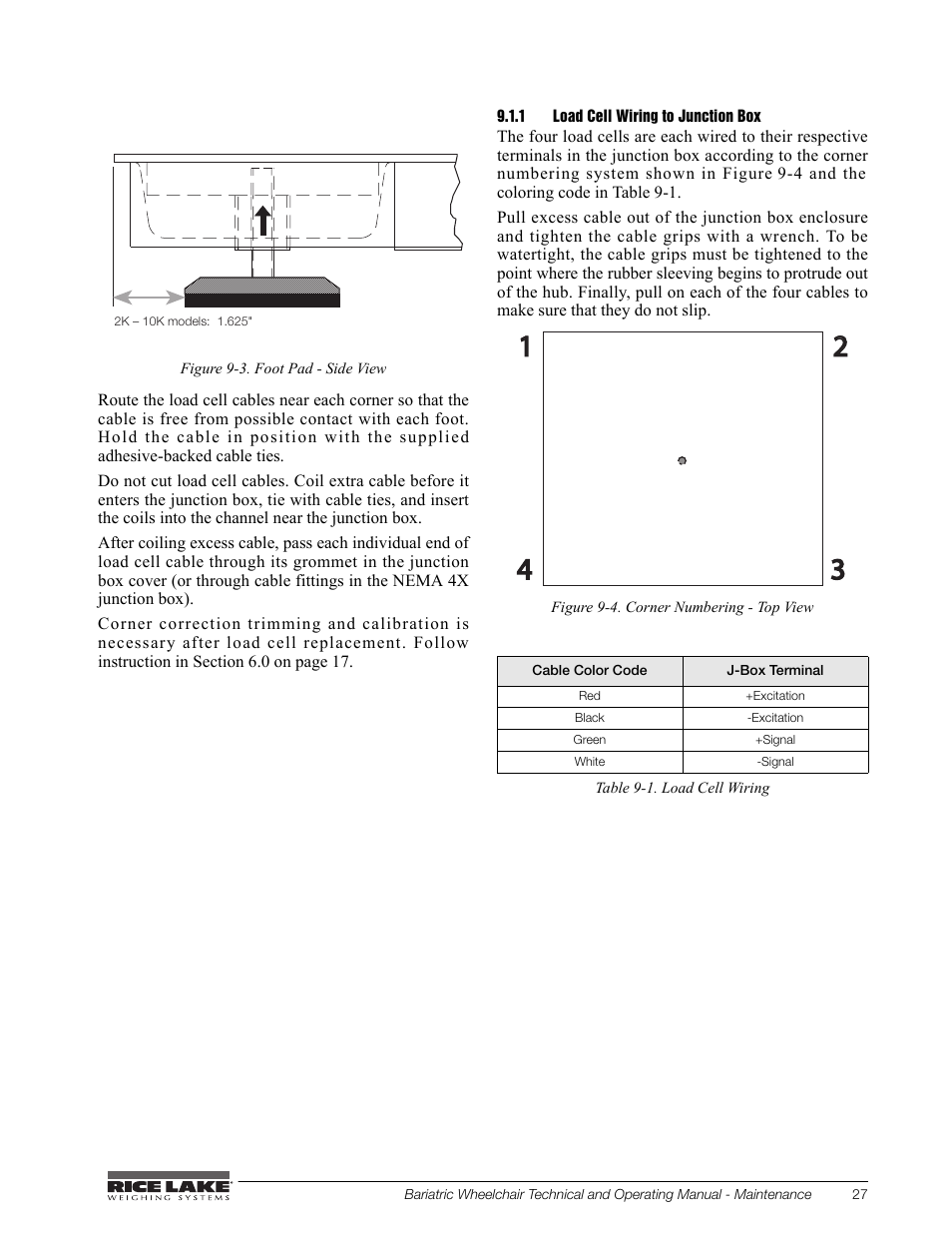 1 load cell wiring to junction box, Figure 9-4 27, Dimension shown in figure 9-3 | Rice Lake Portable Bariatric Wheelchair Scale Single Ramp (350-5) - Rice Lake Bariatric Wheelchair Scale User Manual | Page 31 / 38