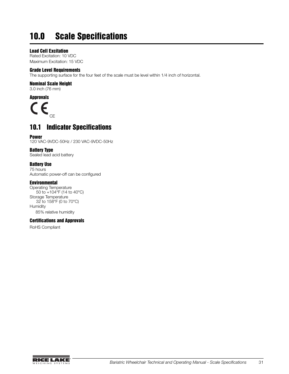 0 scale specifications, 1 indicator specifications | Rice Lake Portable Bariatric Wheelchair Scale Single Ramp (350-5) - Rice Lake Bariatric Wheelchair Scale User Manual | Page 35 / 38