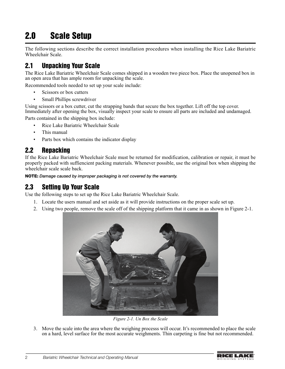 0 scale setup, 1 unpacking your scale, 2 repacking | 3 setting up your scale | Rice Lake Portable Bariatric Wheelchair Scale Single Ramp (350-5) - Rice Lake Bariatric Wheelchair Scale User Manual | Page 6 / 38