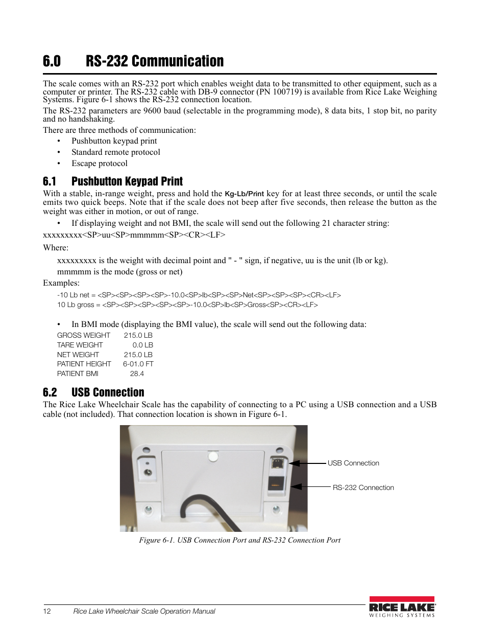 0 rs-232 communication, 1 pushbutton keypad print, 2 usb connection | Rice Lake Portable Bariatric Wheelchair Scale Single Ramp (350-5) - Rice Lake Wheelchair Scale Operation Manual User Manual | Page 16 / 26