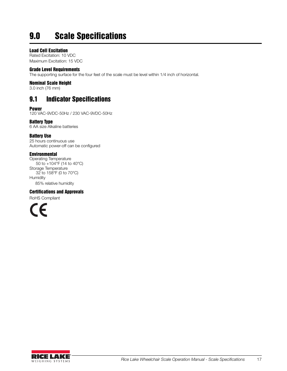 0 scale specifications, 1 indicator specifications | Rice Lake Portable Bariatric Wheelchair Scale Single Ramp (350-5) - Rice Lake Wheelchair Scale Operation Manual User Manual | Page 21 / 26