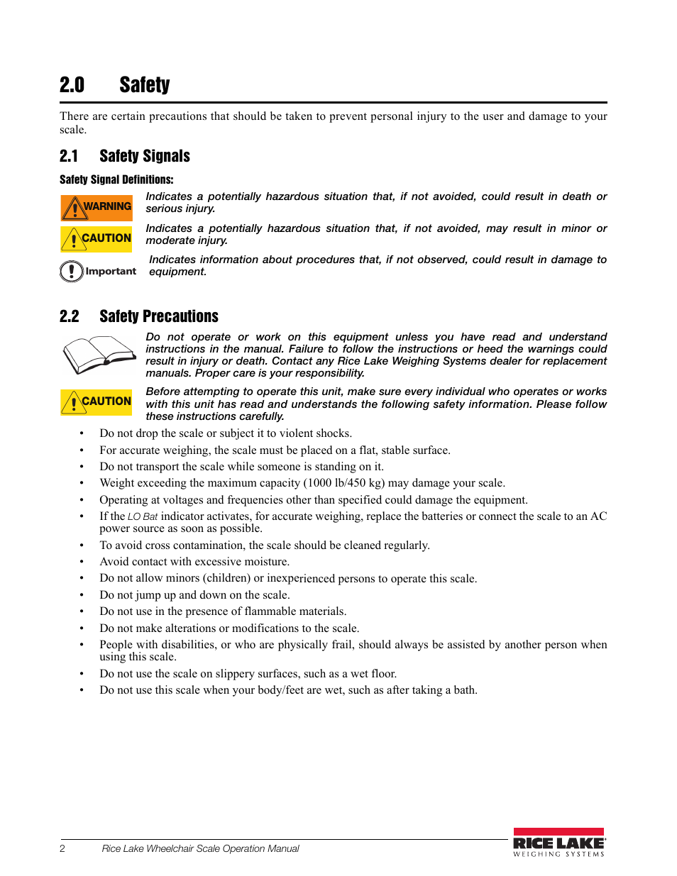 0 safety, 1 safety signals, 2 safety precautions | Rice Lake Portable Bariatric Wheelchair Scale Single Ramp (350-5) - Rice Lake Wheelchair Scale Operation Manual User Manual | Page 6 / 26