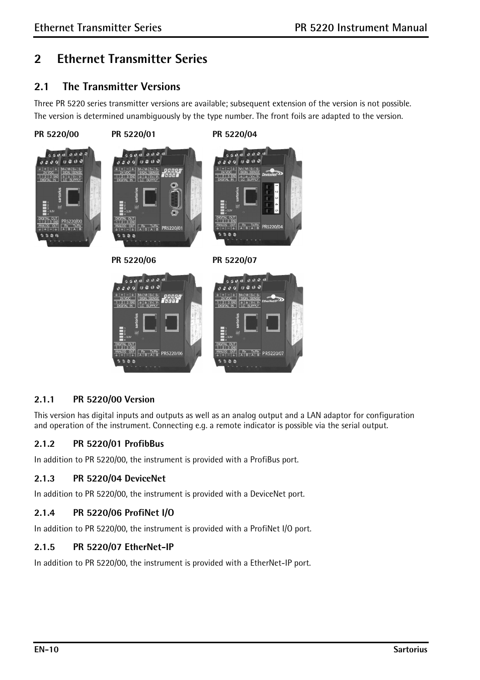 2 ethernet transmitter series, 1 the transmitter versions, 1 pr 5220/00 version | 2 pr 5220/01 profibbus, 3 pr 5220/04 devicenet, 4 pr 5220/06 profinet i/o, 5 pr 5220/07 ethernet-ip, Ethernet transmitter series, The transmitter versions, Pr 5220/00 version | Rice Lake PR5220 Ethernet Transmitter User Manual | Page 10 / 172