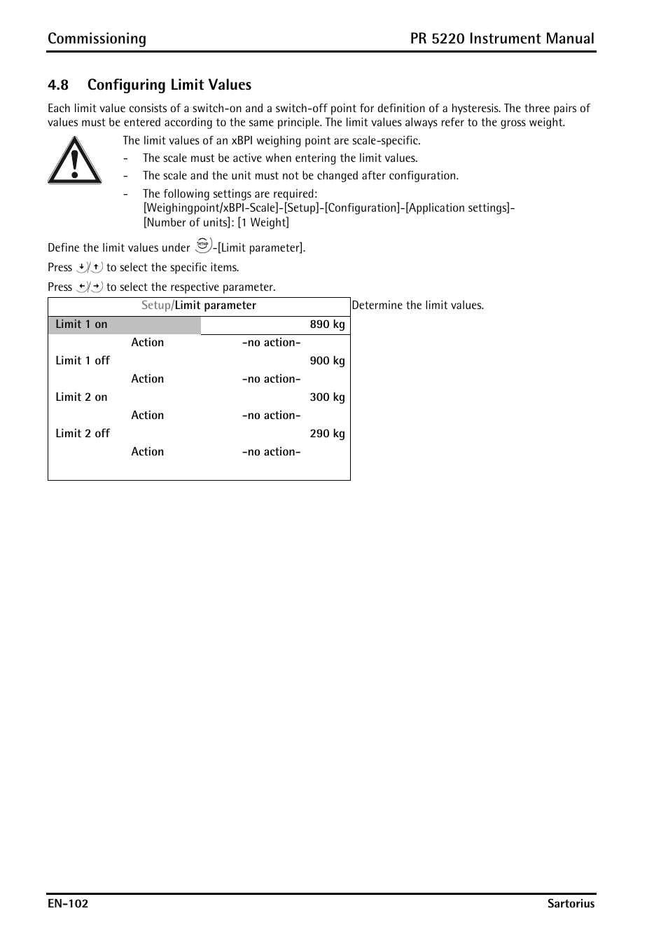 8 configuring limit values, Configuring limit values, Er 4.8 | Commissioning, Pr 5220 instrument manual | Rice Lake PR5220 Ethernet Transmitter User Manual | Page 102 / 172