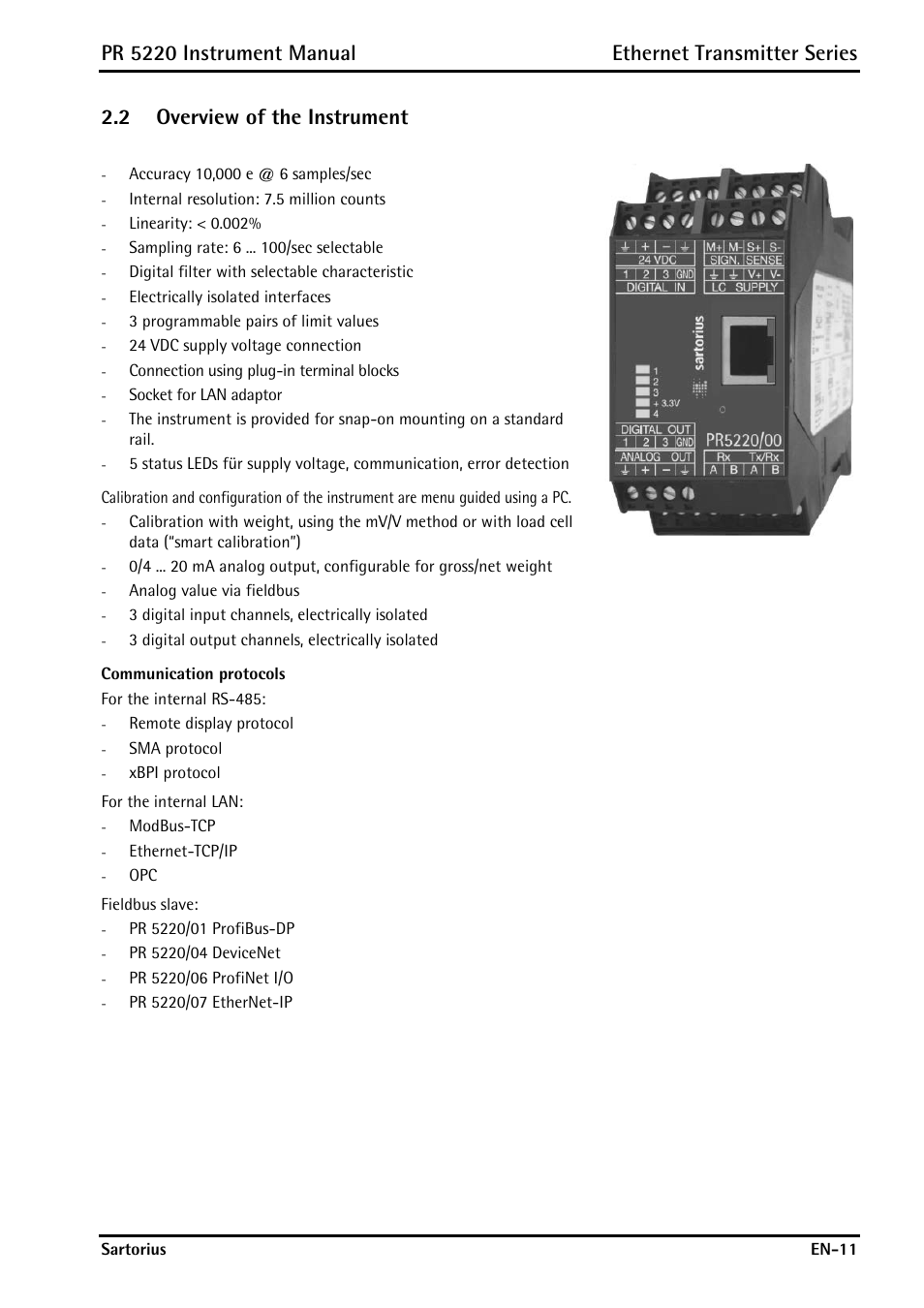 2 overview of the instrument, Overview of the instrument | Rice Lake PR5220 Ethernet Transmitter User Manual | Page 11 / 172