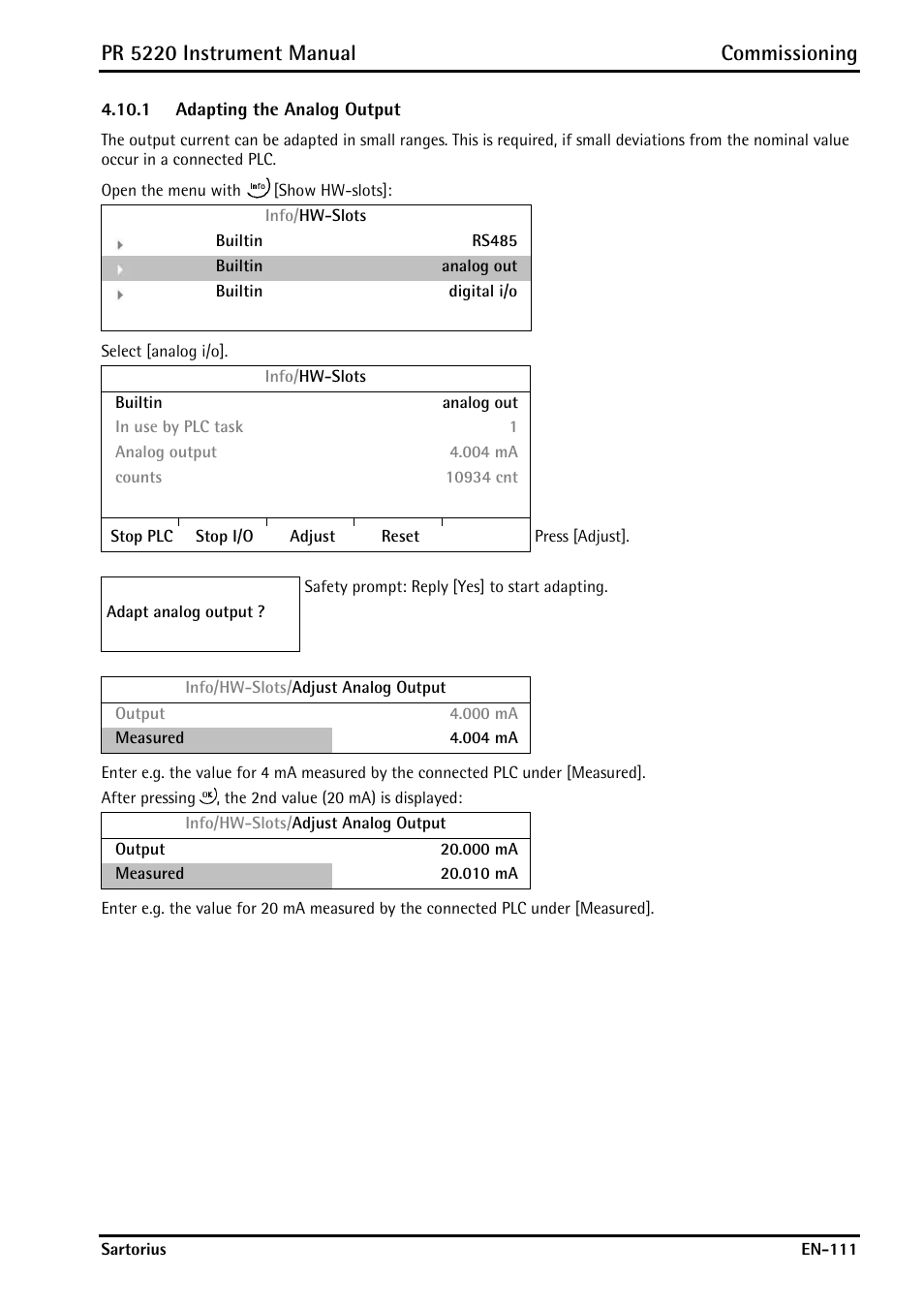 1 adapting the analog output, Adapting the analog output, Pr 5220 instrument manual commissioning | Rice Lake PR5220 Ethernet Transmitter User Manual | Page 111 / 172