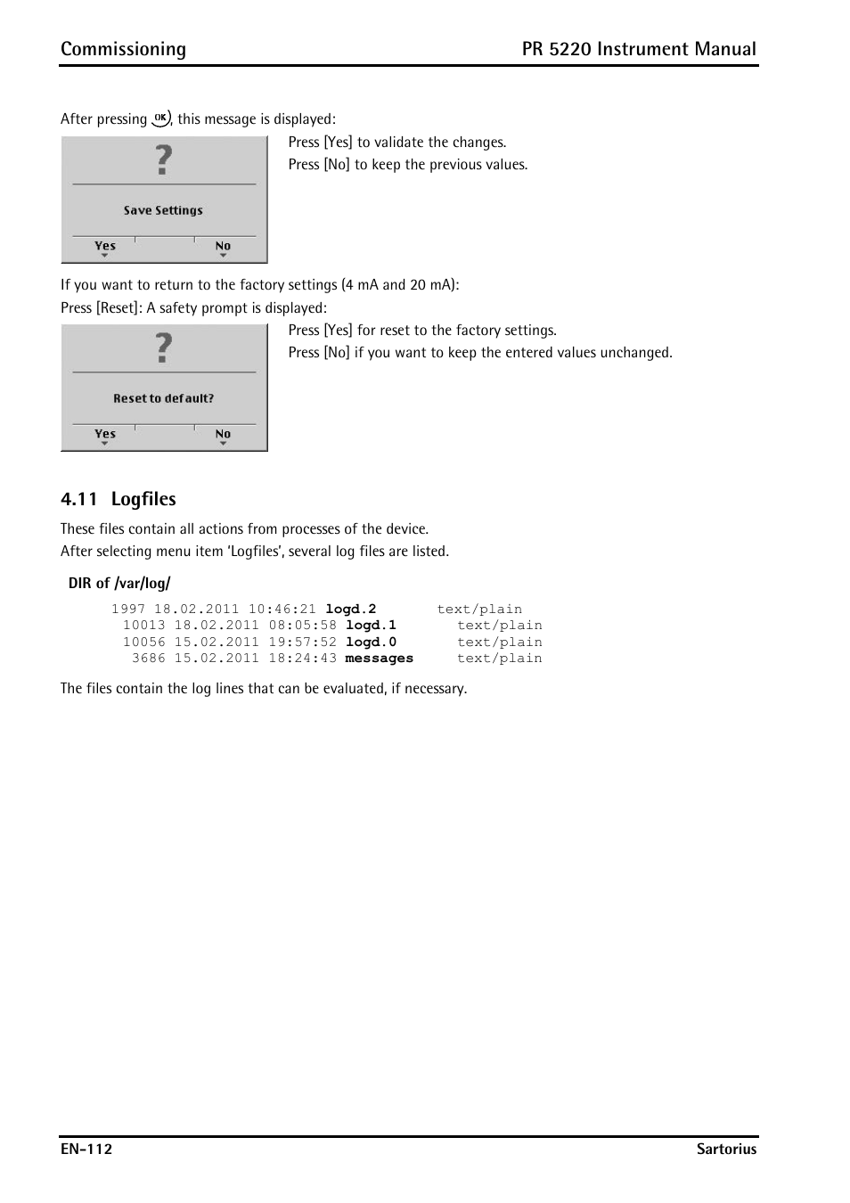 11 logfiles, Logfiles, Commissioning | Pr 5220 instrument manual | Rice Lake PR5220 Ethernet Transmitter User Manual | Page 112 / 172