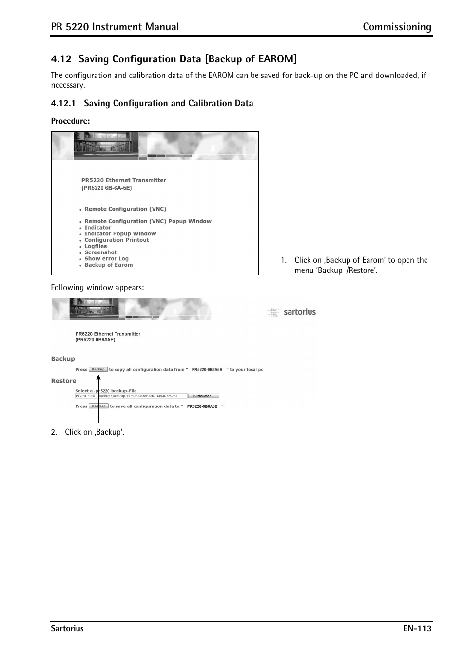 12 saving configuration data [backup of earom, 1 saving configuration and calibration data, Saving configuration data [backup of earom | Saving configuration and calibration data, Pr 5220 instrument manual commissioning | Rice Lake PR5220 Ethernet Transmitter User Manual | Page 113 / 172