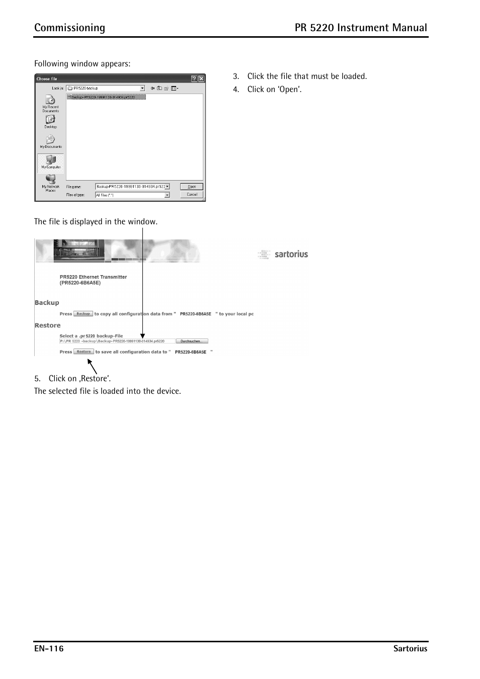 Commissioning, Pr 5220 instrument manual | Rice Lake PR5220 Ethernet Transmitter User Manual | Page 116 / 172