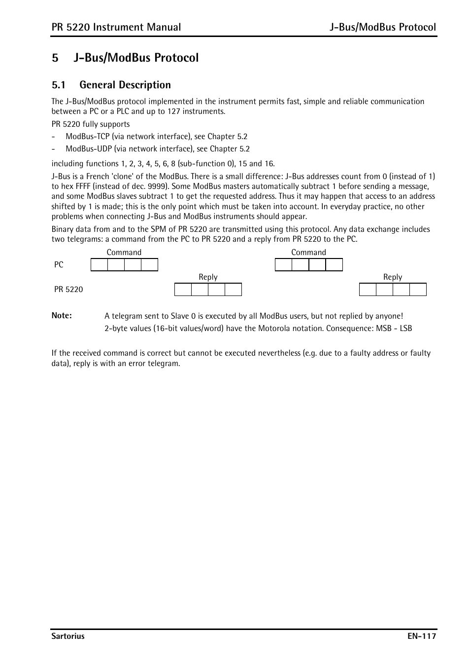 5 j-bus/modbus protocol, 1 general description, J-bus/modbus protocol | General description, 5j-bus/modbus protocol, Pr 5220 instrument manual j-bus/modbus protocol | Rice Lake PR5220 Ethernet Transmitter User Manual | Page 117 / 172