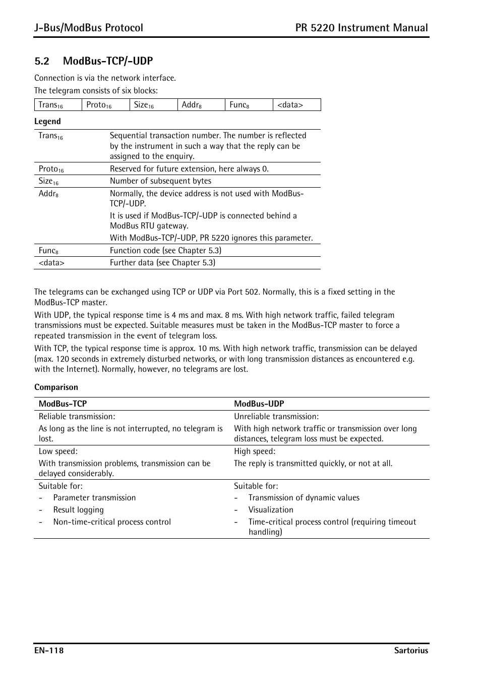 2 modbus-tcp/-udp, Modbus-tcp/-udp, J-bus/modbus protocol | Pr 5220 instrument manual | Rice Lake PR5220 Ethernet Transmitter User Manual | Page 118 / 172