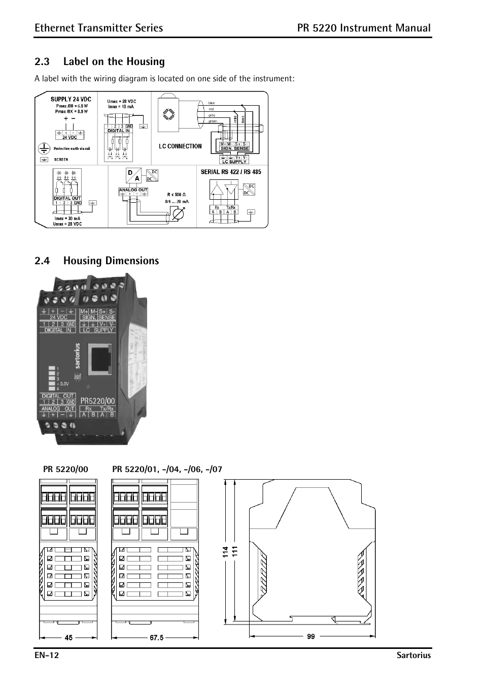 3 label on the housing, 4 housing dimensions, Label on the housing | Housing dimensions, Ethernet transmitter series, Pr 5220 instrument manual | Rice Lake PR5220 Ethernet Transmitter User Manual | Page 12 / 172