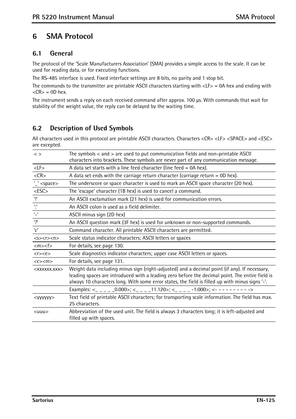 6 sma protocol, 1 general, 2 description of used symbols | Sma protocol, General, Description of used symbols, 6sma protocol, Pr 5220 instrument manual sma protocol | Rice Lake PR5220 Ethernet Transmitter User Manual | Page 125 / 172