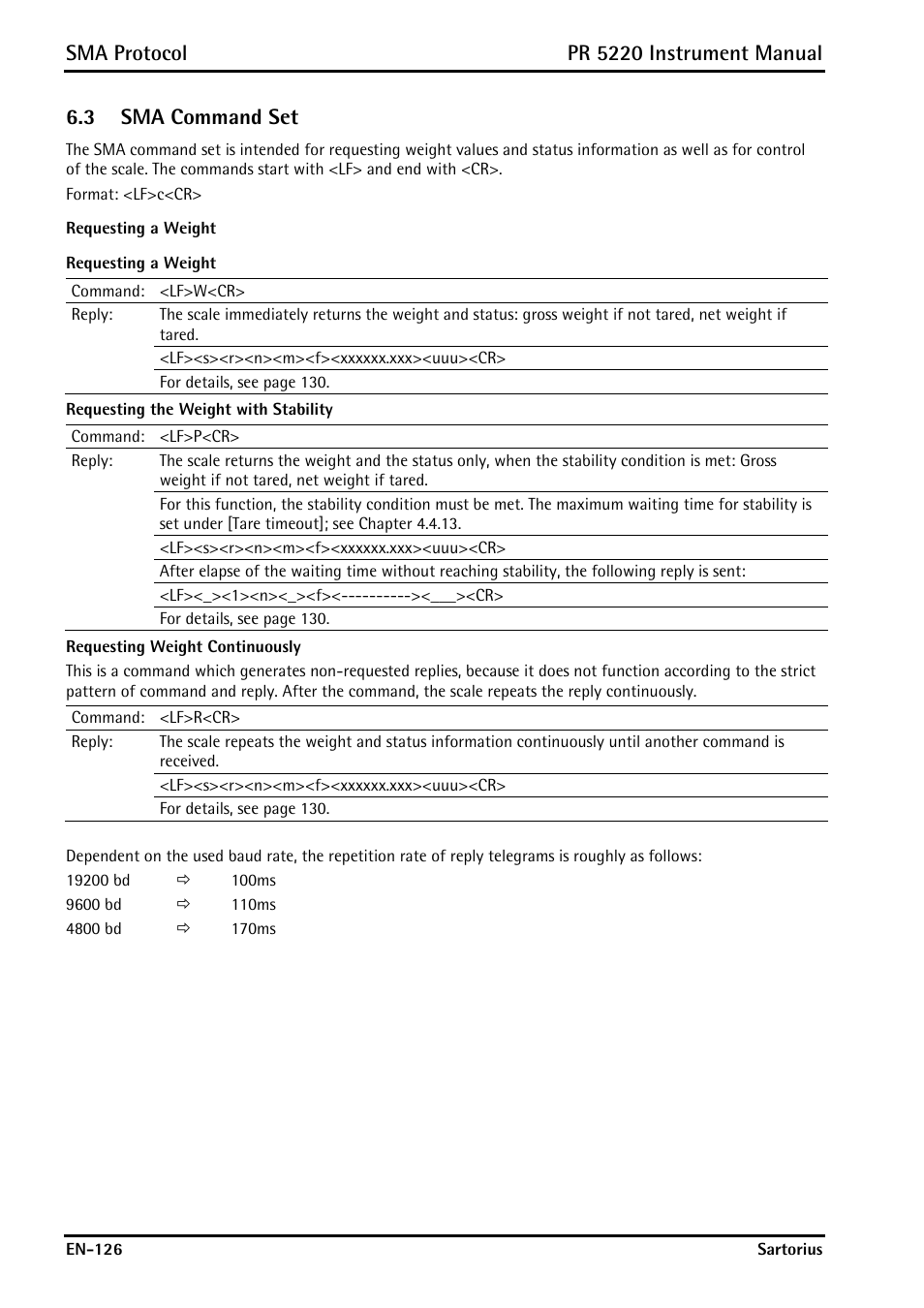 3 sma command set, Sma command set, Sma protocol | Pr 5220 instrument manual | Rice Lake PR5220 Ethernet Transmitter User Manual | Page 126 / 172