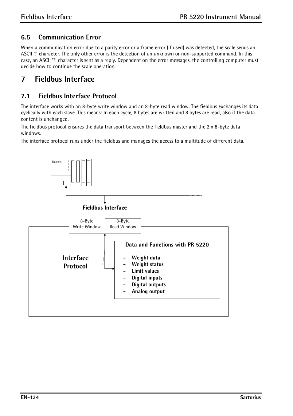 5 communication error, 7 fieldbus interface, 1 fieldbus interface protocol | Communication error, Fieldbus interface, Fieldbus interface protocol, 7fieldbus interface, Pr 5220 instrument manual, Interface protocol | Rice Lake PR5220 Ethernet Transmitter User Manual | Page 134 / 172