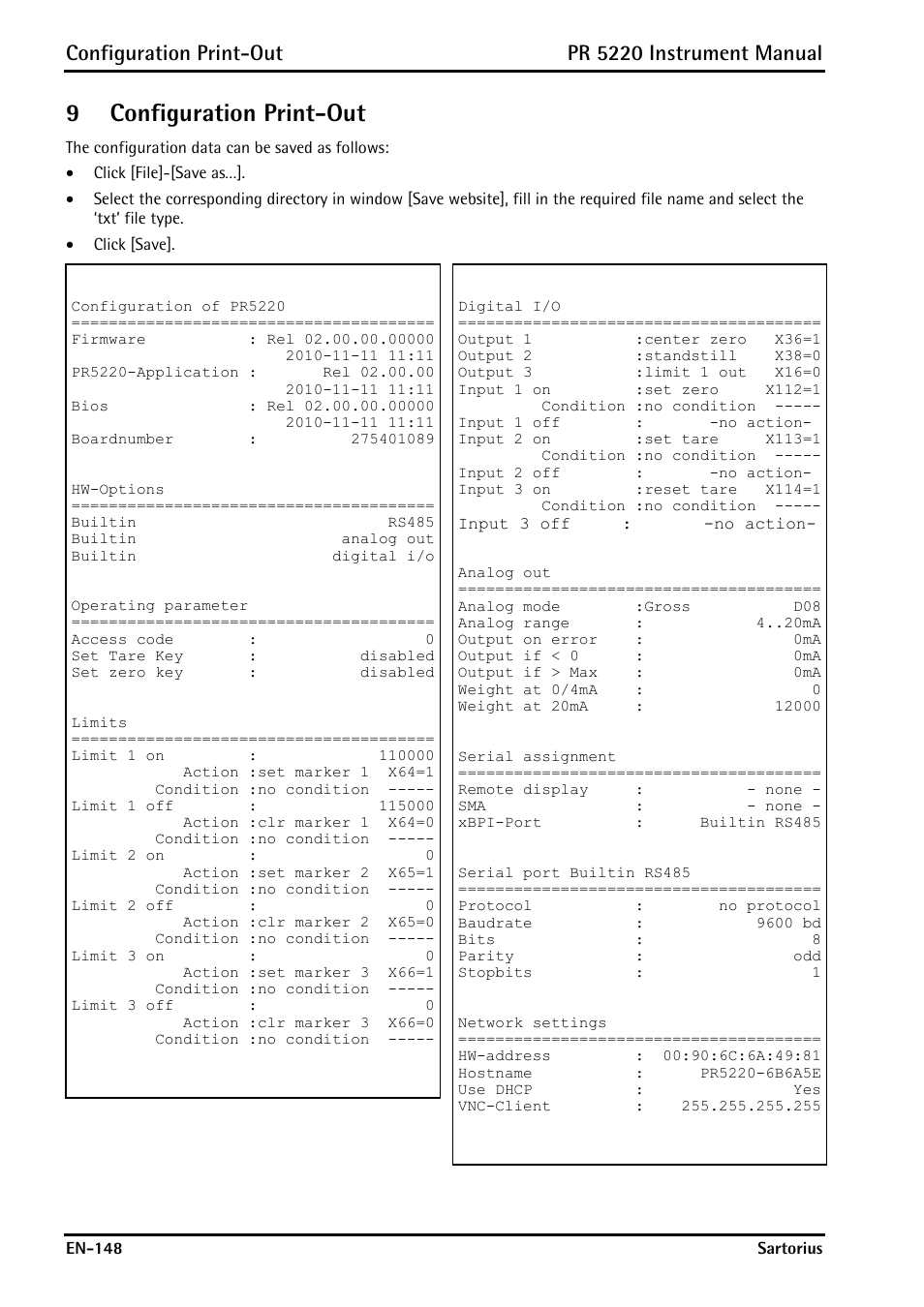 9 configuration print-out, Configuration print-out, Er 9 | 9configuration print-out, Pr 5220 instrument manual | Rice Lake PR5220 Ethernet Transmitter User Manual | Page 148 / 172