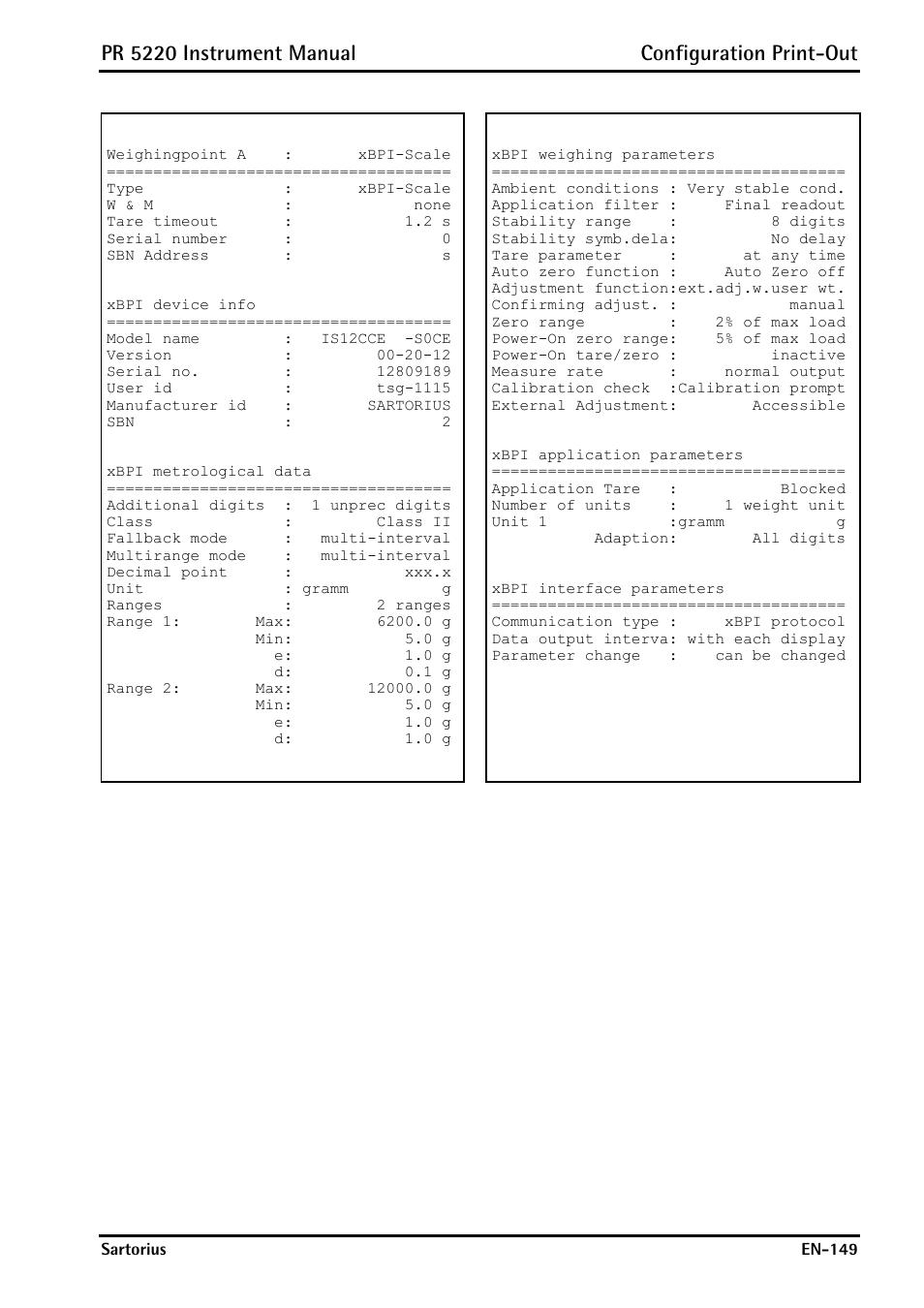 Pr 5220 instrument manual configuration print-out | Rice Lake PR5220 Ethernet Transmitter User Manual | Page 149 / 172