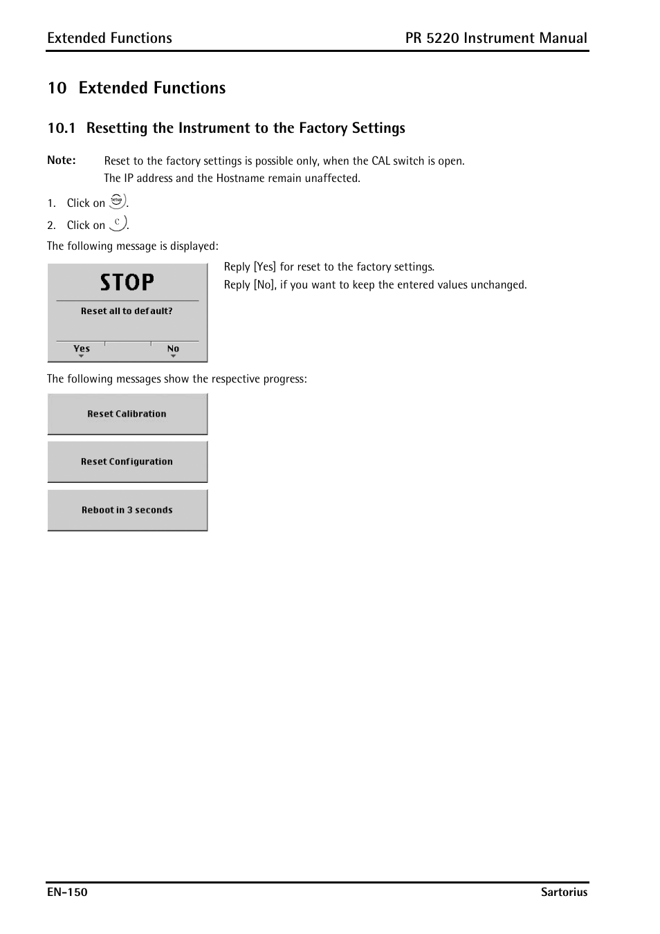 10 extended functions, 1 resetting the instrument to the factory settings, Extended functions | Resetting the instrument to the factory settings, Pr 5220 instrument manual | Rice Lake PR5220 Ethernet Transmitter User Manual | Page 150 / 172