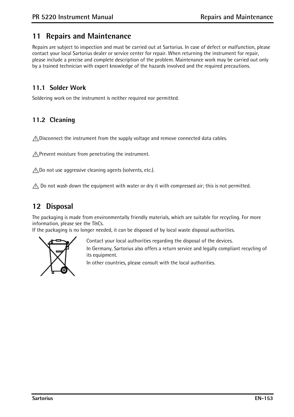 11 repairs and maintenance, 1 solder work, 2 cleaning | 12 disposal, Repairs and maintenance, Solder work, Cleaning, Disposal | Rice Lake PR5220 Ethernet Transmitter User Manual | Page 153 / 172