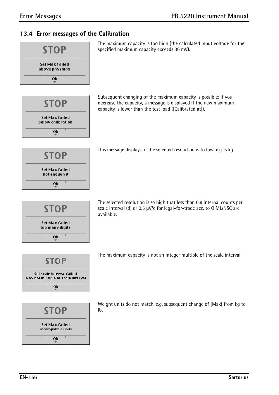 4 error messages of the calibration, Error messages of the calibration, Error messages | Pr 5220 instrument manual | Rice Lake PR5220 Ethernet Transmitter User Manual | Page 156 / 172