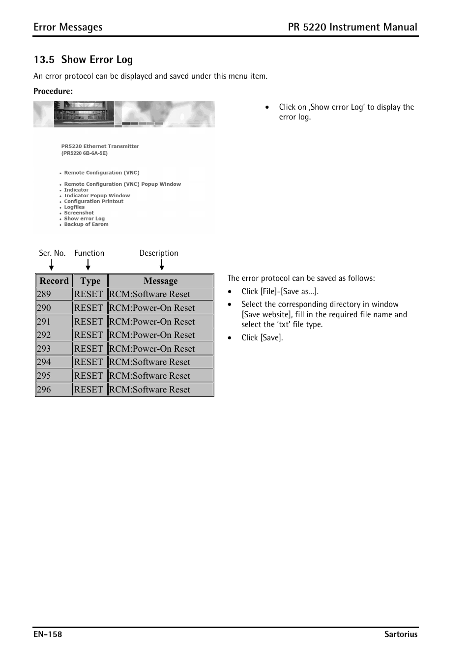 5 show error log, Show error log, Error messages | Pr 5220 instrument manual | Rice Lake PR5220 Ethernet Transmitter User Manual | Page 158 / 172