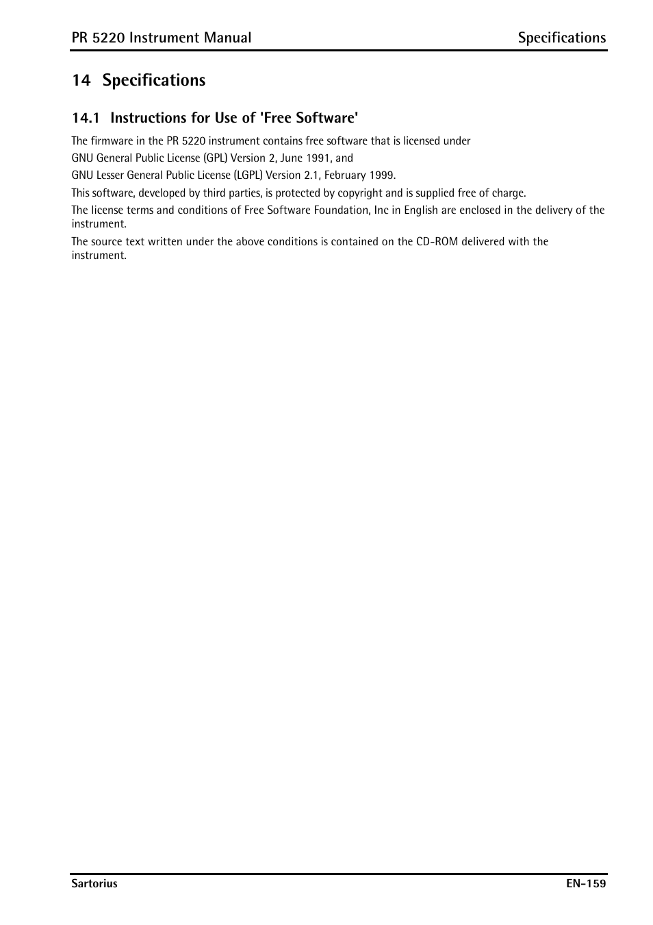 14 specifications, 1 instructions for use of 'free software, Specifications | Instructions for use of 'free software | Rice Lake PR5220 Ethernet Transmitter User Manual | Page 159 / 172