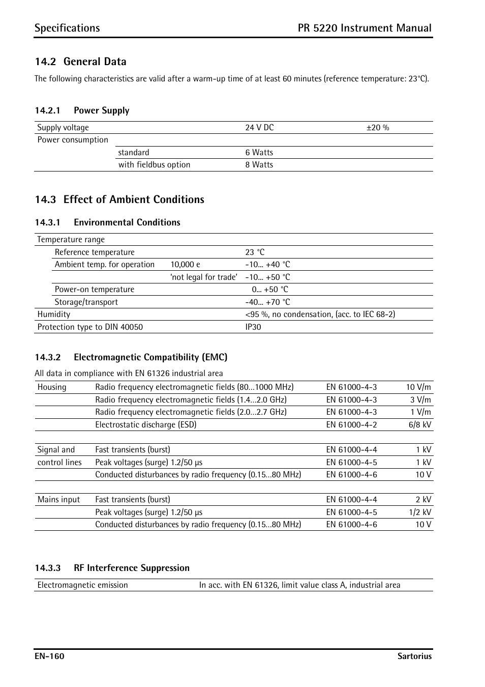 2 general data, 1 power supply, 3 effect of ambient conditions | 1 environmental conditions, 2 electromagnetic compatibility (emc), 3 rf interference suppression, General data, Power supply, Effect of ambient conditions, Environmental conditions | Rice Lake PR5220 Ethernet Transmitter User Manual | Page 160 / 172