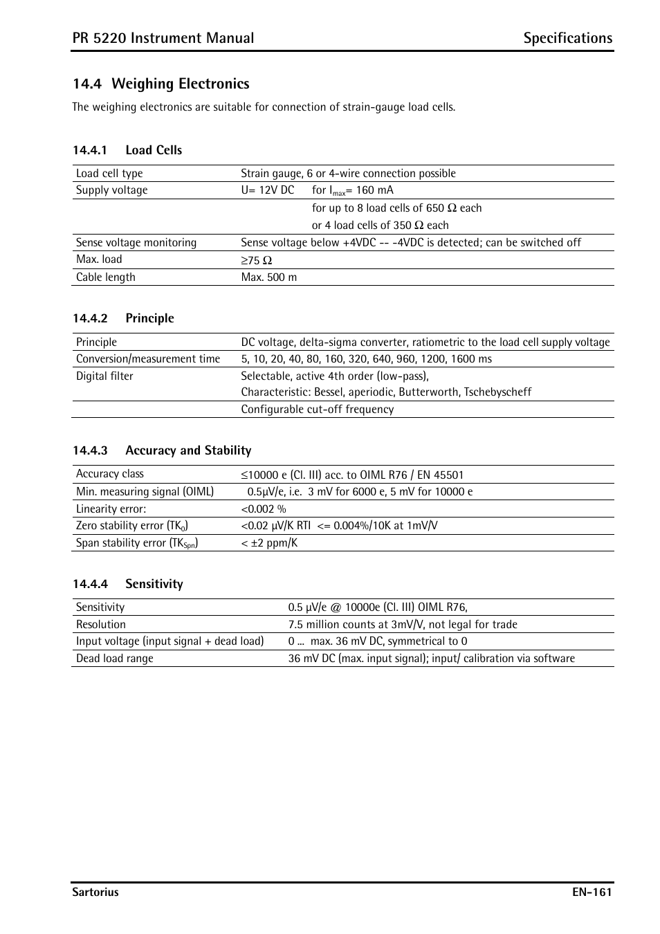 4 weighing electronics, 1 load cells, 2 principle | 3 accuracy and stability, 4 sensitivity, Weighing electronics, Load cells, Principle, Accuracy and stability, Sensitivity | Rice Lake PR5220 Ethernet Transmitter User Manual | Page 161 / 172