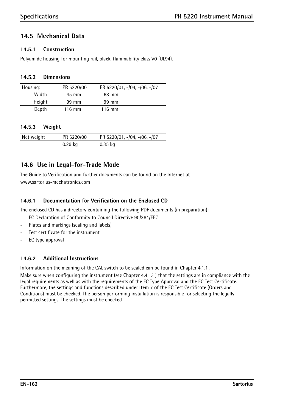 5 mechanical data, 1 construction, 2 dimensions | 3 weight, 6 use in legal-for-trade mode, 2 additional instructions, Mechanical data, Construction, Dimensions, Weight | Rice Lake PR5220 Ethernet Transmitter User Manual | Page 162 / 172