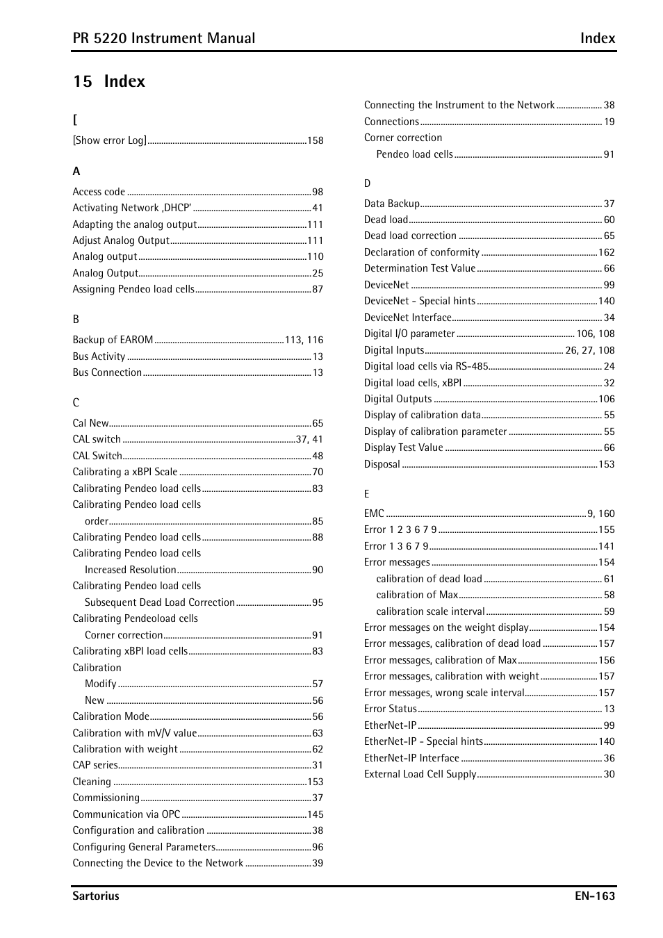 15 index, Index, Pr 5220 instrument manual index | Rice Lake PR5220 Ethernet Transmitter User Manual | Page 163 / 172