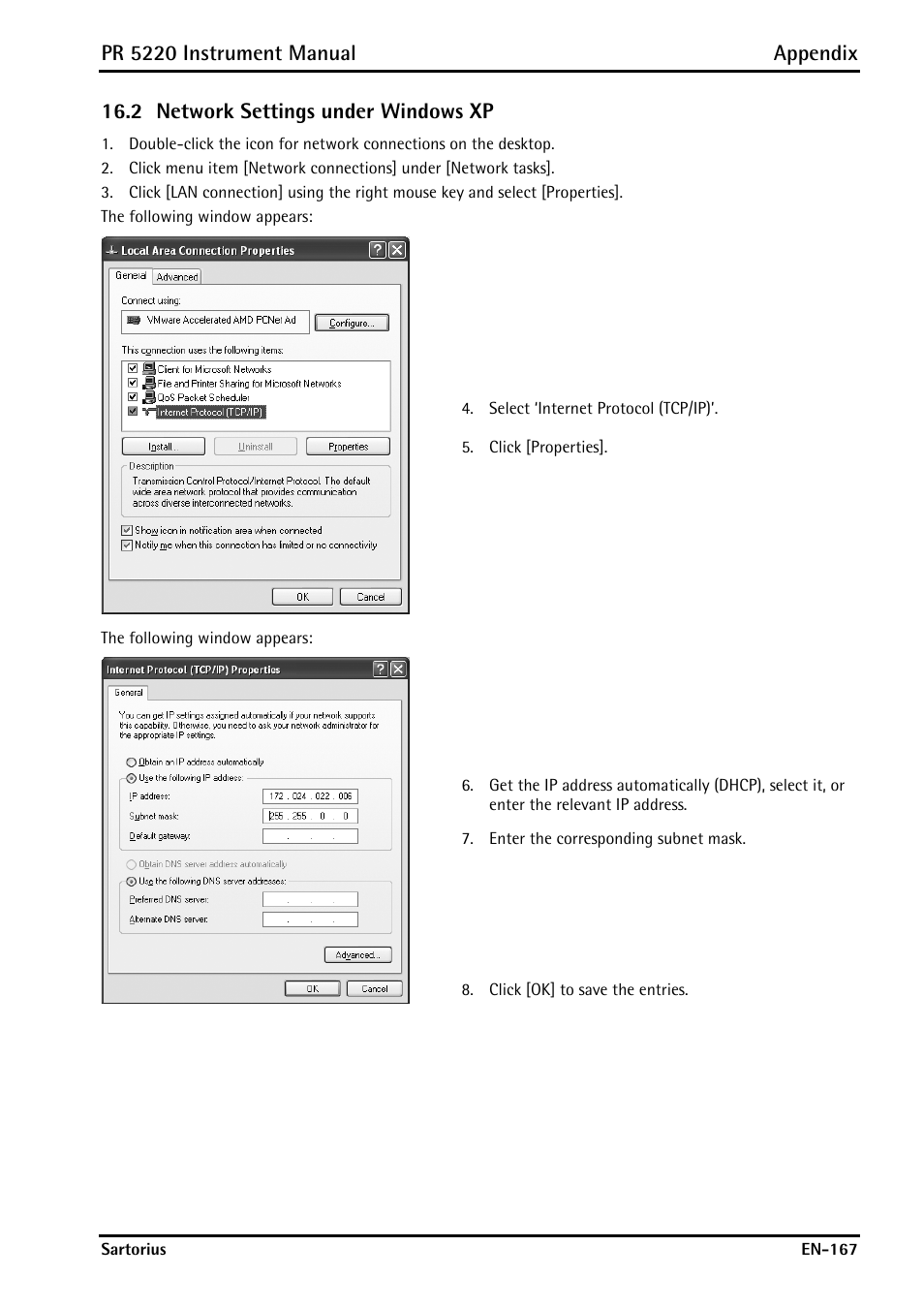 2 network settings under windows xp, Network settings under windows xp, Pr 5220 instrument manual appendix | Rice Lake PR5220 Ethernet Transmitter User Manual | Page 167 / 172