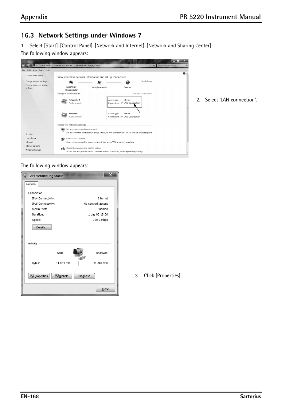 3 network settings under windows 7, Network settings under windows 7, Appendix | Pr 5220 instrument manual | Rice Lake PR5220 Ethernet Transmitter User Manual | Page 168 / 172