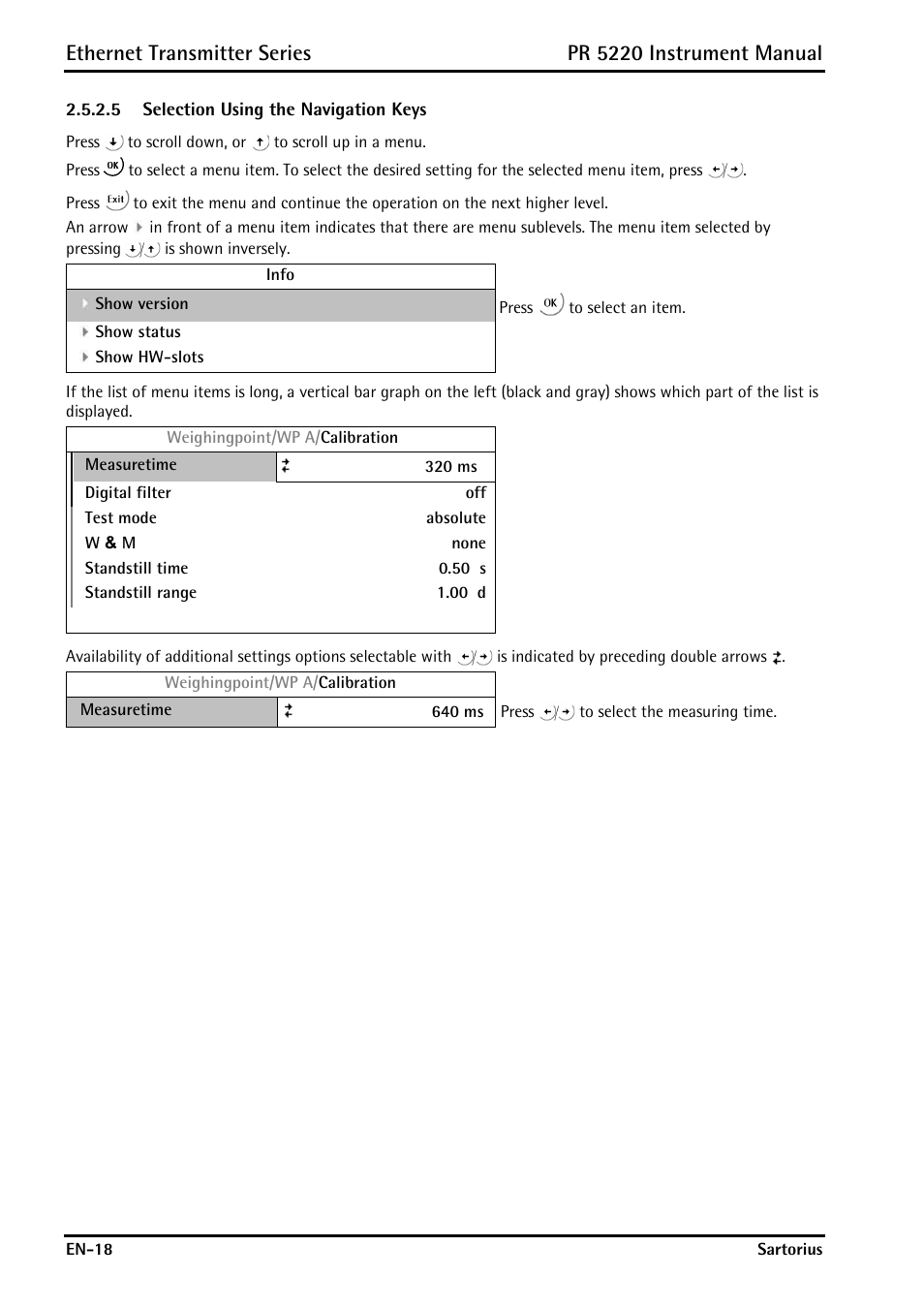 5 selection using the navigation keys, Ethernet transmitter series, Pr 5220 instrument manual | Rice Lake PR5220 Ethernet Transmitter User Manual | Page 18 / 172