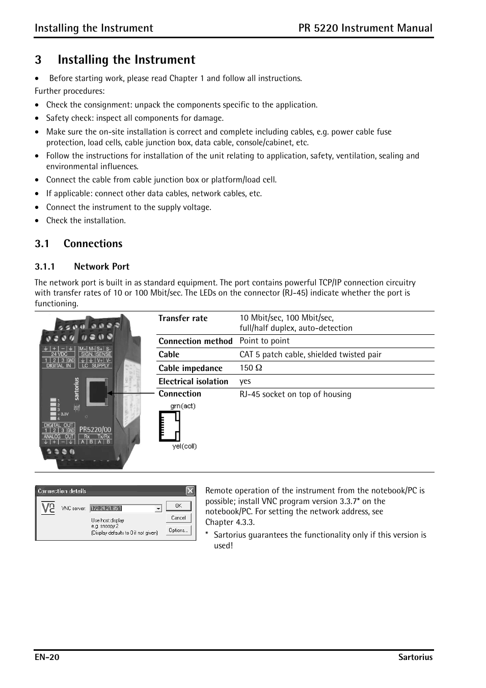 3 installing the instrument, 1 connections, 1 network port | Installing the instrument, Connections, Network port, 3installing the instrument, Pr 5220 instrument manual | Rice Lake PR5220 Ethernet Transmitter User Manual | Page 20 / 172