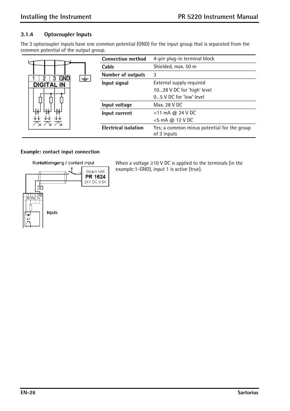 4 optocoupler inputs, Optocoupler inputs, Installing the instrument | Pr 5220 instrument manual | Rice Lake PR5220 Ethernet Transmitter User Manual | Page 26 / 172