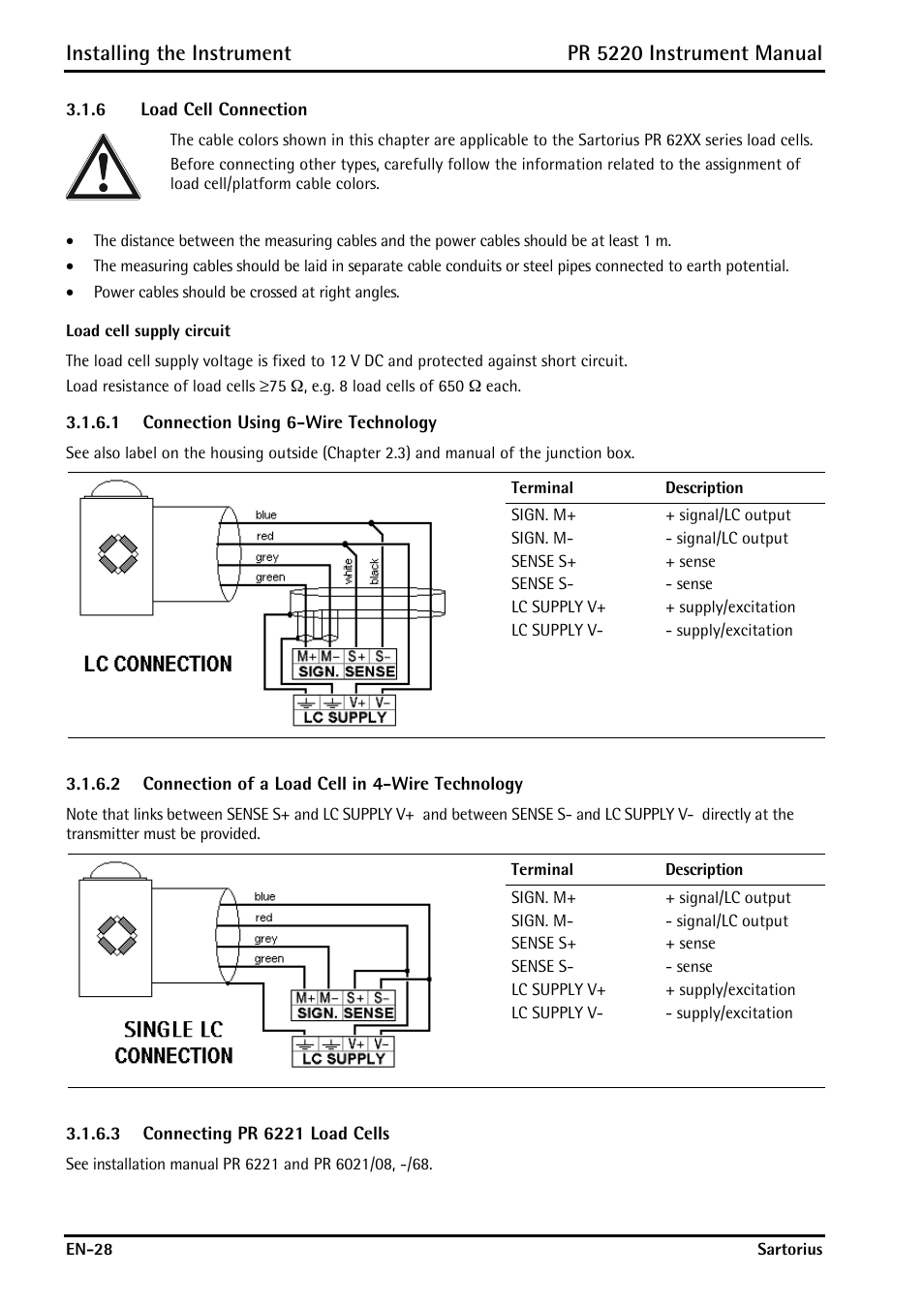 6 load cell connection, 1 connection using 6-wire technology, 2 connection of a load cell in 4-wire technology | 3 connecting pr 6221 load cells, Load cell connection, Installing the instrument, Pr 5220 instrument manual | Rice Lake PR5220 Ethernet Transmitter User Manual | Page 28 / 172