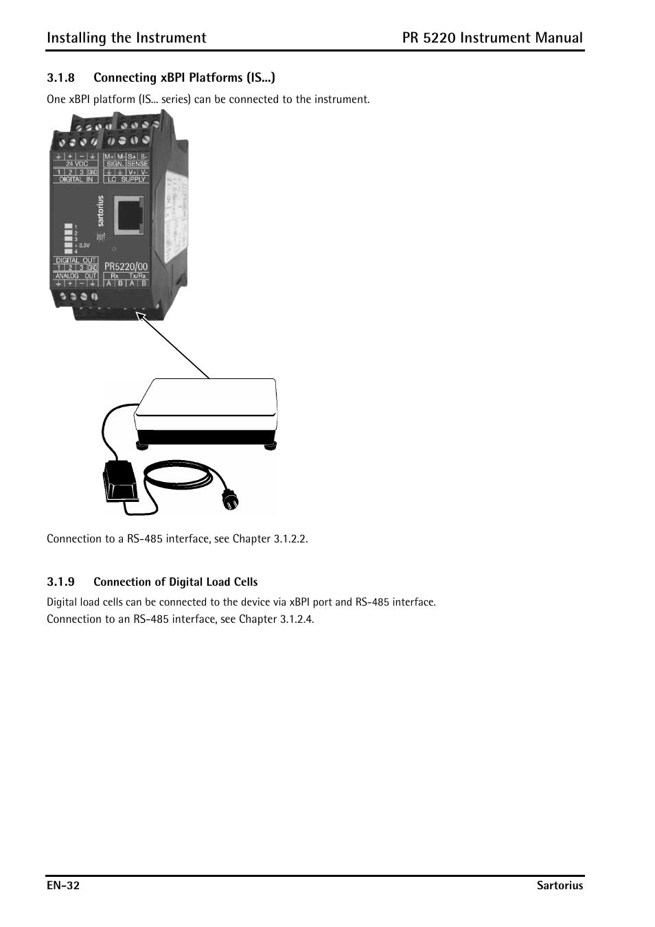 8 connecting xbpi platforms (is...), 9 connection of digital load cells, Connecting xbpi platforms (is...) | Connection of digital load cells, Installing the instrument, Pr 5220 instrument manual | Rice Lake PR5220 Ethernet Transmitter User Manual | Page 32 / 172