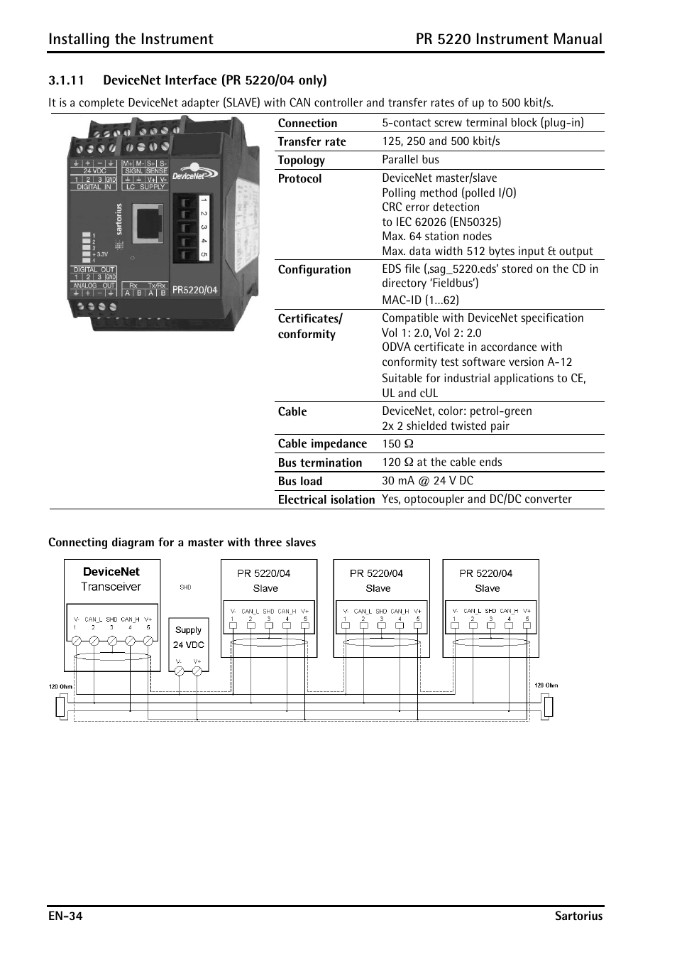 11 devicenet interface (pr 5220/04 only), Devicenet interface (pr 5220/04 only), Installing the instrument | Pr 5220 instrument manual | Rice Lake PR5220 Ethernet Transmitter User Manual | Page 34 / 172