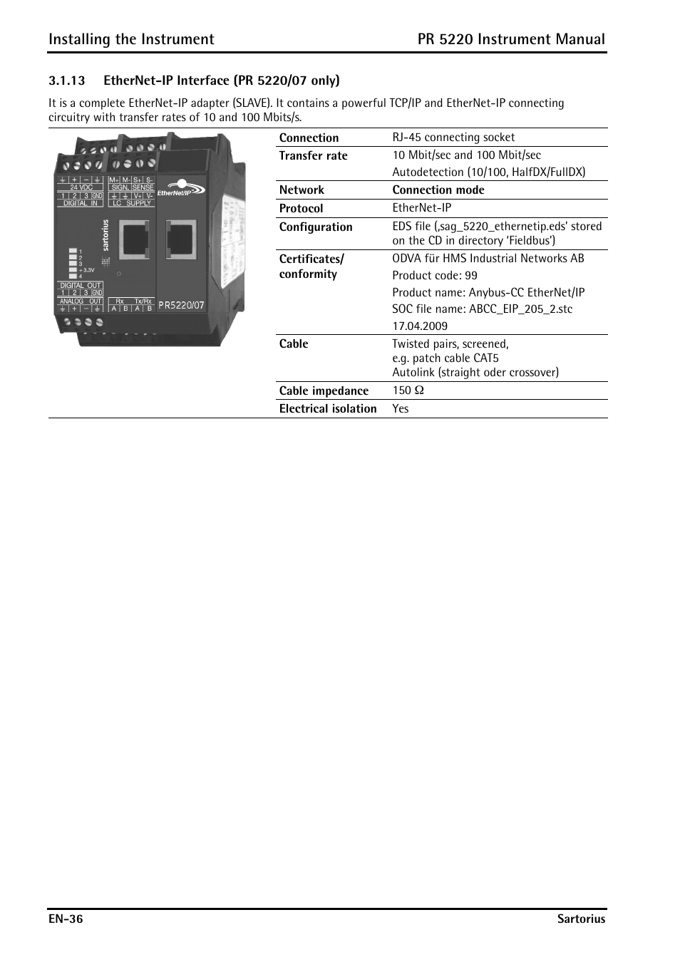 13 ethernet-ip interface (pr 5220/07 only), Ethernet-ip interface (pr 5220/07 only), Installing the instrument | Pr 5220 instrument manual | Rice Lake PR5220 Ethernet Transmitter User Manual | Page 36 / 172