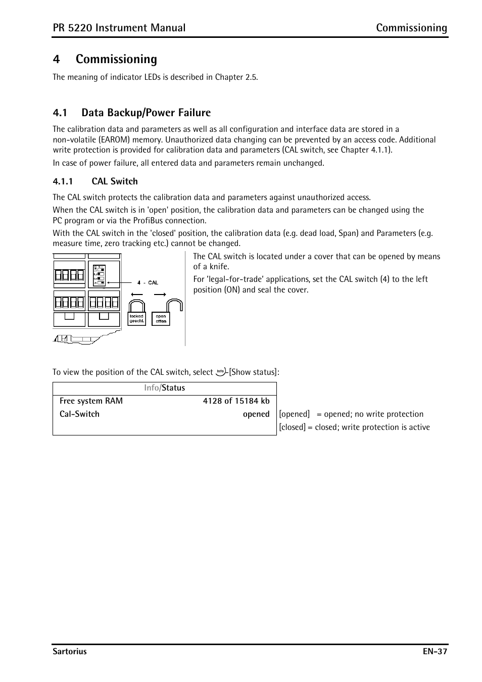 4 commissioning, 1 data backup/power failure, 1 cal switch | Commissioning, Data backup/power failure, Cal switch, 4commissioning, Pr 5220 instrument manual commissioning | Rice Lake PR5220 Ethernet Transmitter User Manual | Page 37 / 172