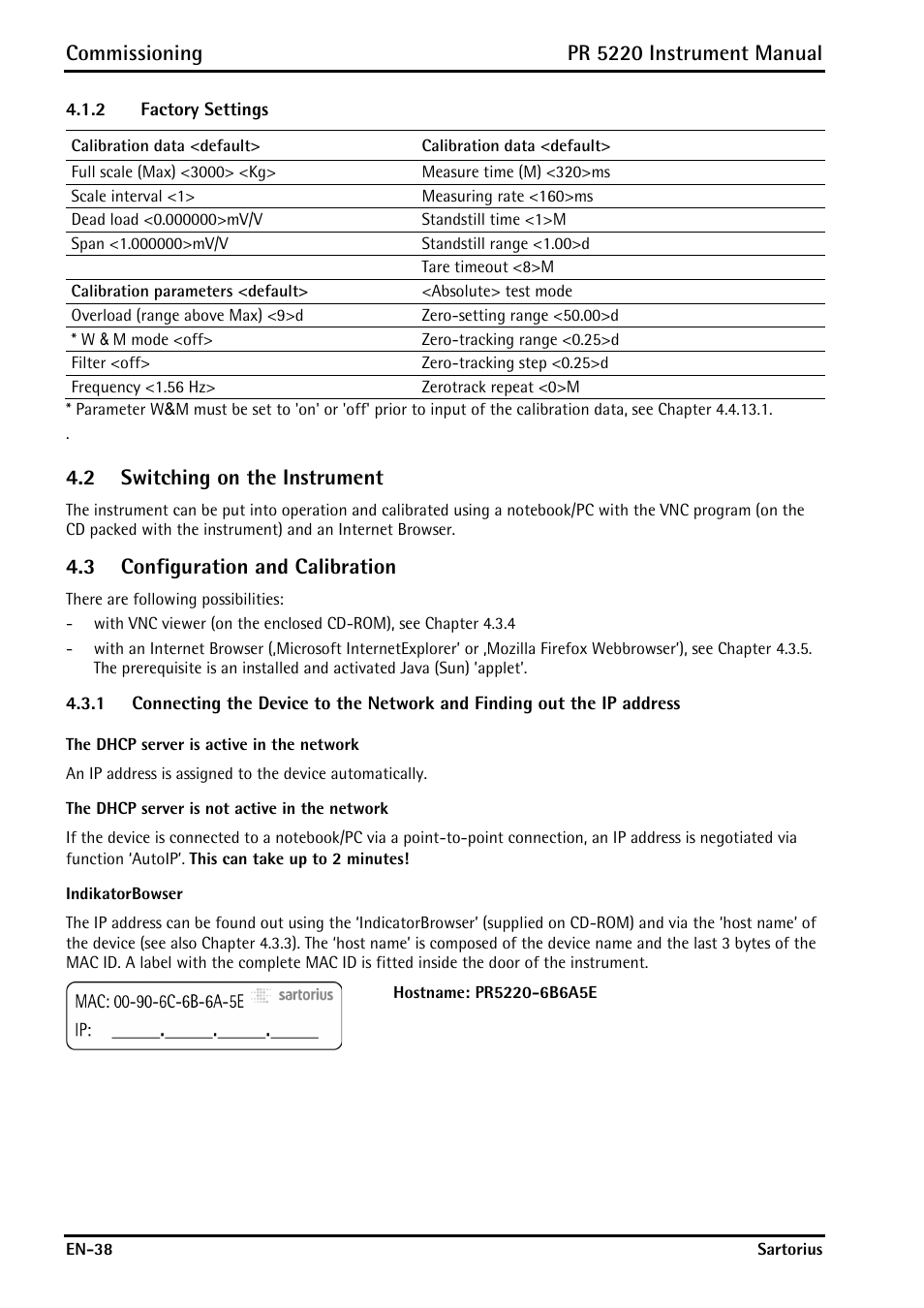 2 factory settings, 2 switching on the instrument, 3 configuration and calibration | Factory settings, Switching on the instrument, Configuration and calibration, Commissioning, Pr 5220 instrument manual | Rice Lake PR5220 Ethernet Transmitter User Manual | Page 38 / 172
