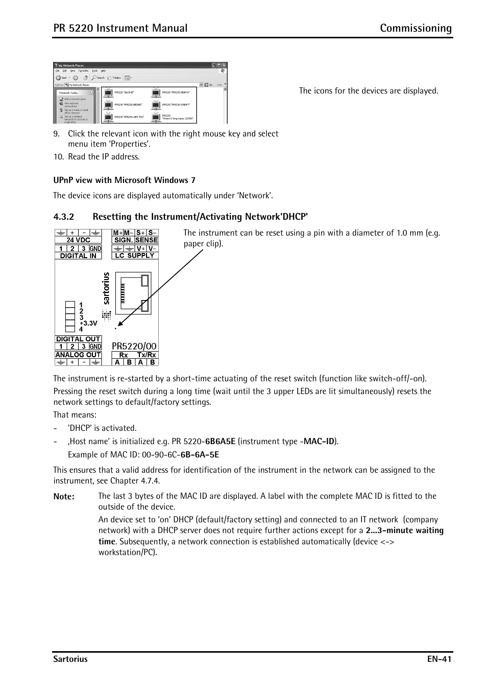 2 resetting the instrument/activating network'dhcp, Resetting the instrument/activating network'dhcp, Pr 5220 instrument manual commissioning | Rice Lake PR5220 Ethernet Transmitter User Manual | Page 41 / 172