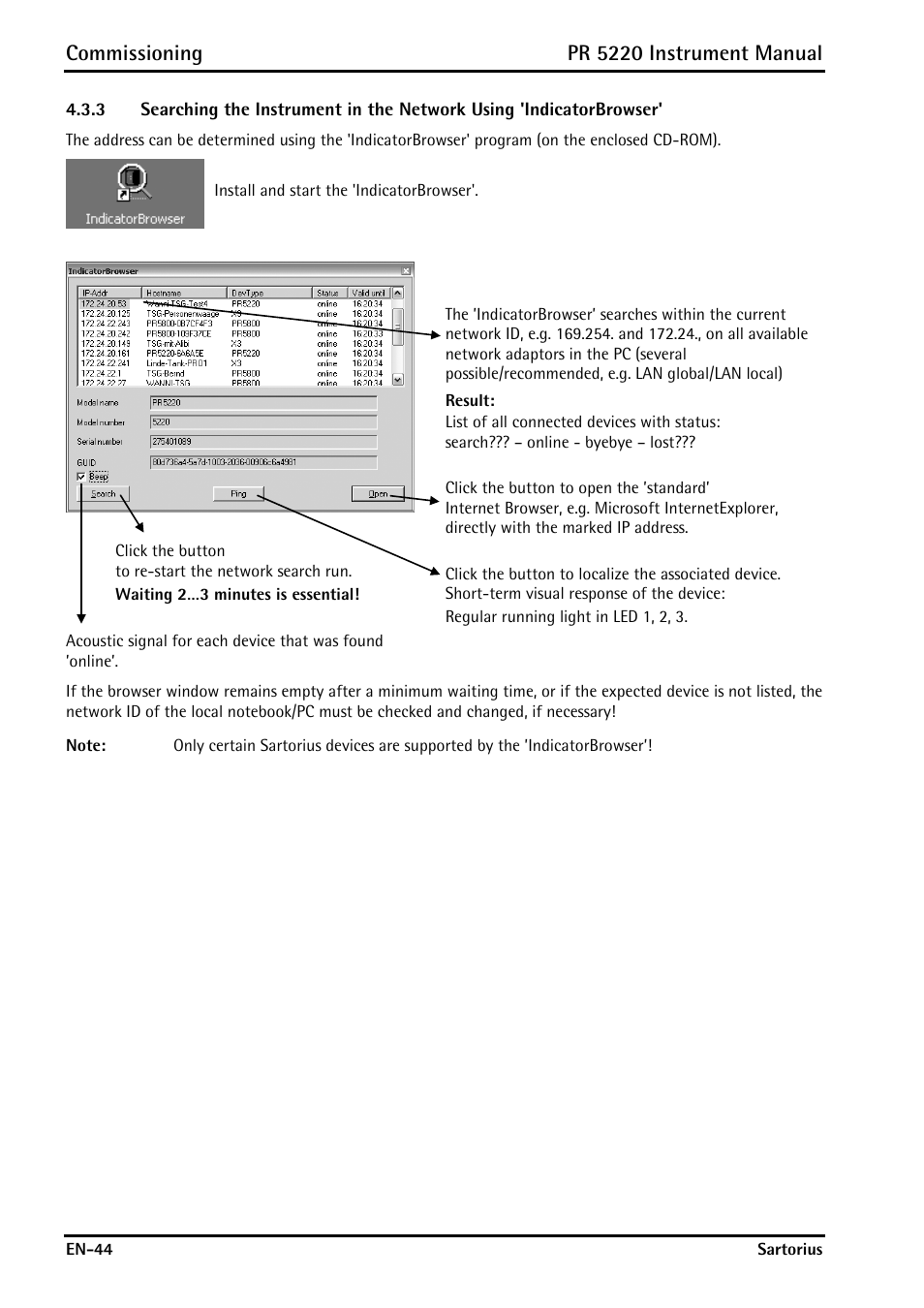 Commissioning, Pr 5220 instrument manual | Rice Lake PR5220 Ethernet Transmitter User Manual | Page 44 / 172