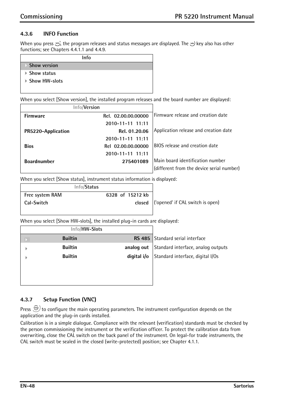 6 info function, 7 setup function (vnc), Info function | Setup function (vnc), Commissioning, Pr 5220 instrument manual | Rice Lake PR5220 Ethernet Transmitter User Manual | Page 48 / 172