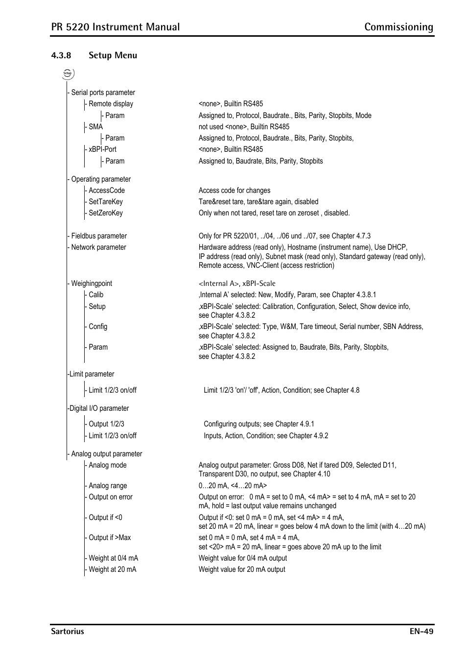 8 setup menu, Setup menu, Pr 5220 instrument manual commissioning | Rice Lake PR5220 Ethernet Transmitter User Manual | Page 49 / 172