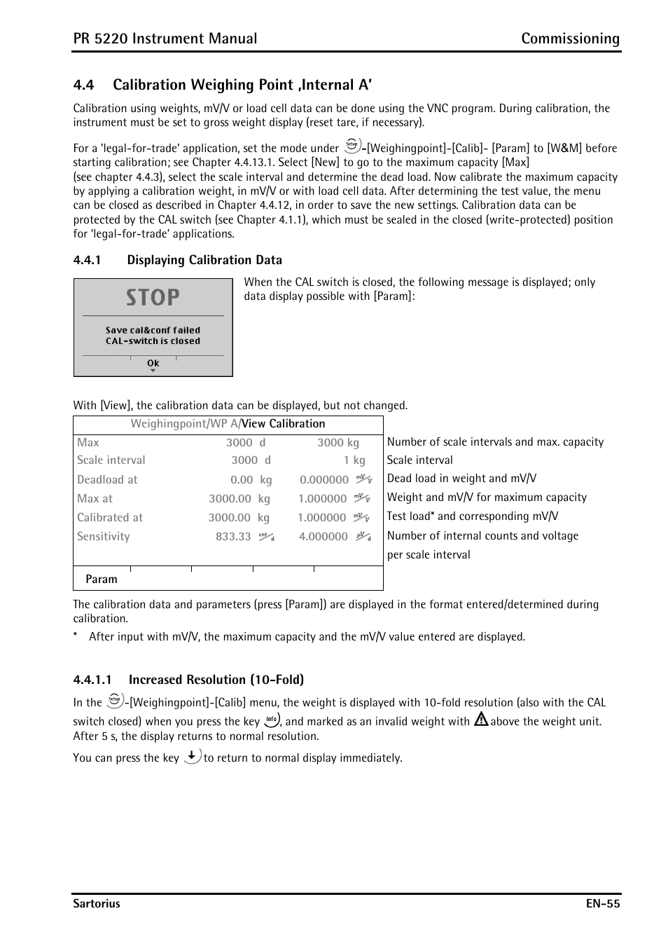 4 calibration weighing point ‚internal a, 1 displaying calibration data, 1 increased resolution (10-fold) | Calibration weighing point ‚internal a, Displaying calibration data, Pr 5220 instrument manual commissioning | Rice Lake PR5220 Ethernet Transmitter User Manual | Page 55 / 172