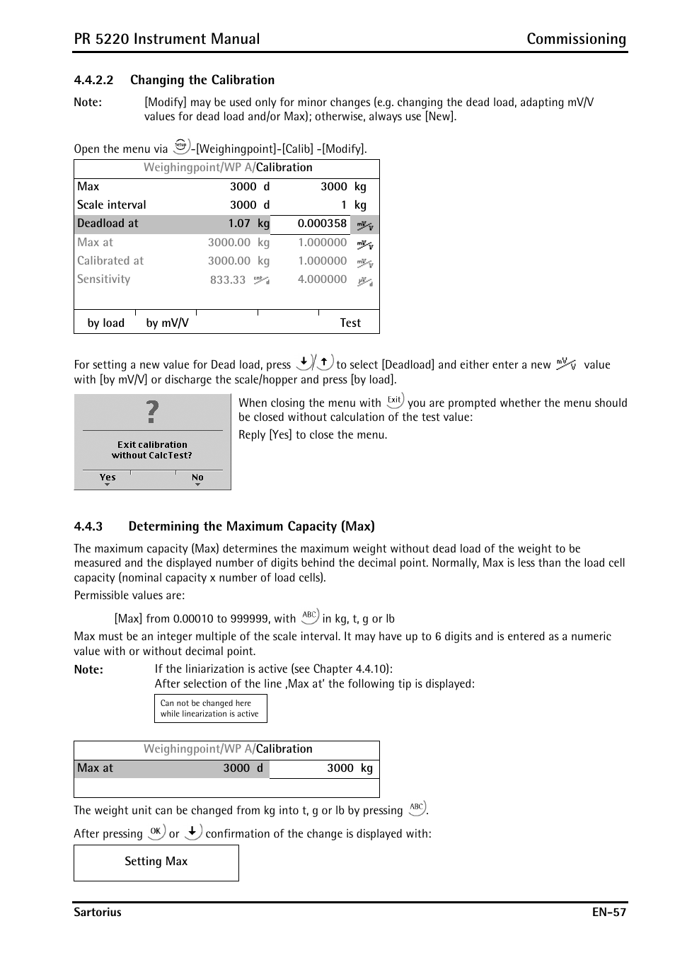 2 changing the calibration, 3 determining the maximum capacity (max), Determining the maximum capacity (max) | Pr 5220 instrument manual commissioning | Rice Lake PR5220 Ethernet Transmitter User Manual | Page 57 / 172