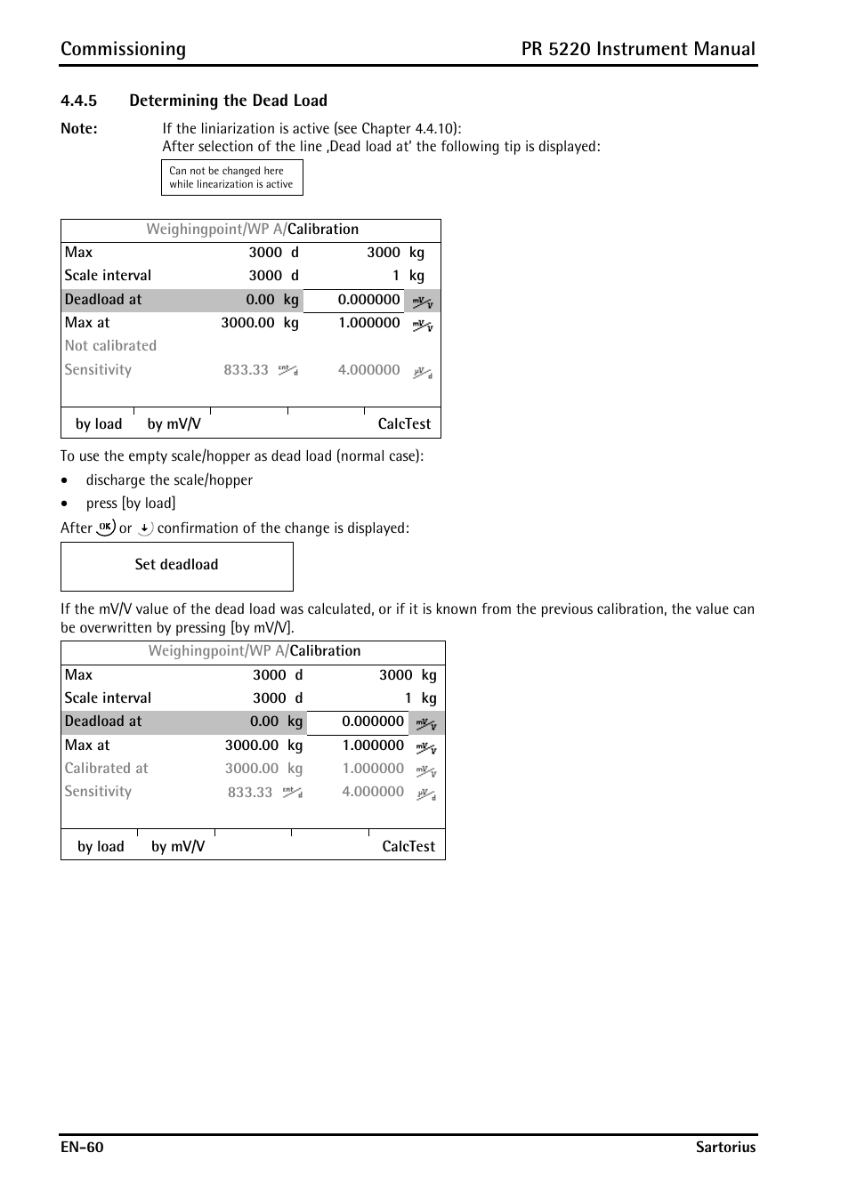 5 determining the dead load, Determining the dead load, Commissioning | Pr 5220 instrument manual | Rice Lake PR5220 Ethernet Transmitter User Manual | Page 60 / 172