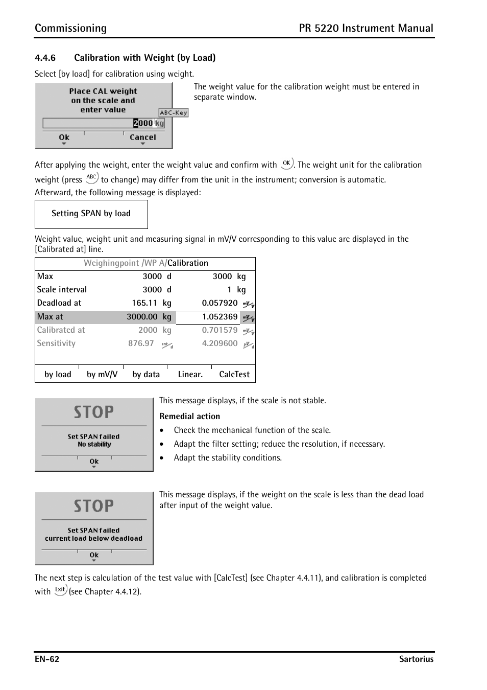 6 calibration with weight (by load), Calibration with weight (by load), Commissioning | Pr 5220 instrument manual | Rice Lake PR5220 Ethernet Transmitter User Manual | Page 62 / 172