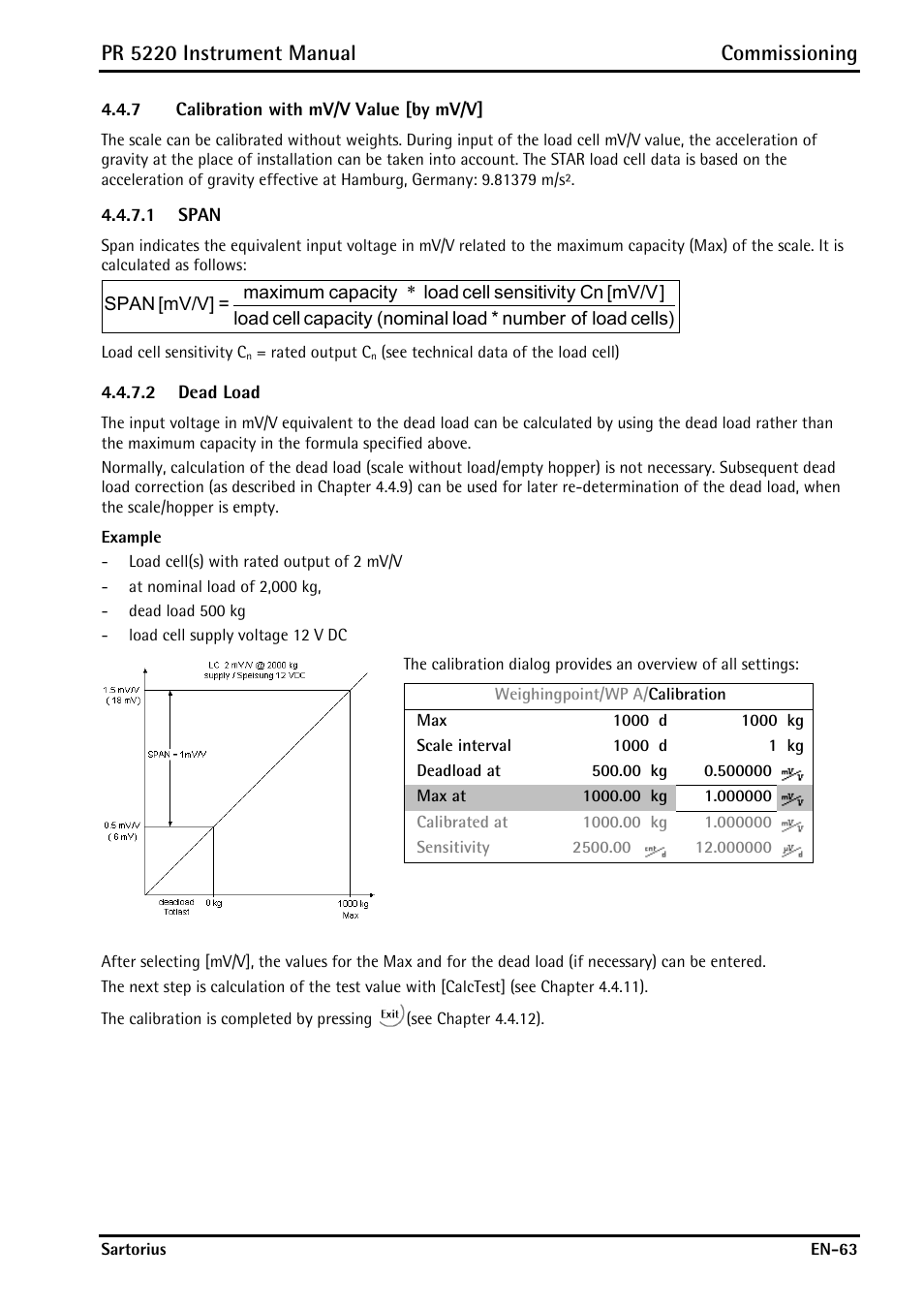 7 calibration with mv/v value [by mv/v, 1 span, 2 dead load | Calibration with mv/v value [by mv/v, Pr 5220 instrument manual commissioning | Rice Lake PR5220 Ethernet Transmitter User Manual | Page 63 / 172